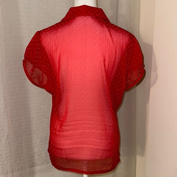 Guess L Red Textured Polka Dot Romantic Sheer Short Sleeve Collared Blouse - Picture 2 of 16